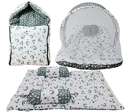 Image of BRANDONN Combo of Baby Bed with Net | Carry Bag | 4 Pcs Bedding Set(0-6 Months) (Stars & Moon Grey)