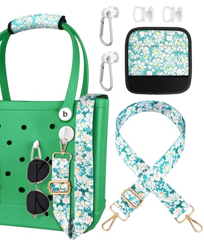 Image of Bag Strap Crossbody Charms for Bogg Bag Accessories - Shoulder Strap Neoprene Luggage Handle Wrap for Suitcase & 2 Key Holders Green Daisy