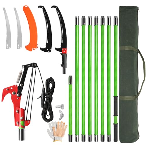 Bonnlo 26FT Pole Pruning Saw, Adjustable Manual Pole Saw Trimmer with 8 Fiberglass Handles, Pole Saws for Tree Trimming with Carry Bag and Sturdy Pole, Garden Tools for Palm Oak High Branches (Green)