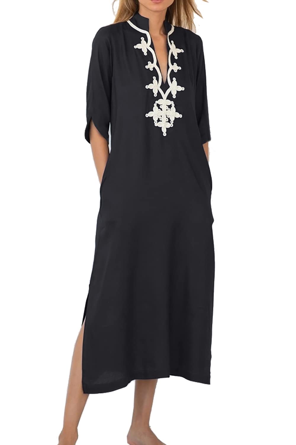 LikeJump Mujer Bohemia Floral Bordado Vestido de Playa Maxi Kaftan Kimono Pareos Bikini Cover Ups