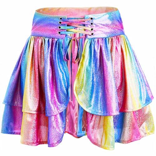 TWINKLEDE Women's Rainbow Skirt Shiny Costume Skirt Tie-on Bustle Skirt Festival Skirt for Teen Girls (Rainbow-Pink)