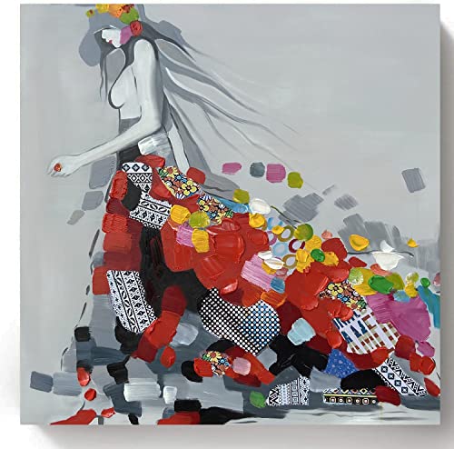 UAC WALL ARTS Modern Extra Large 3D Figure Oil Paintings Hand Painted Colorful Girls Dressing Skirt Canvas Wall Art Paintings for Living Room Bedroom Home Decoration Ready to Hang 40x40Inch