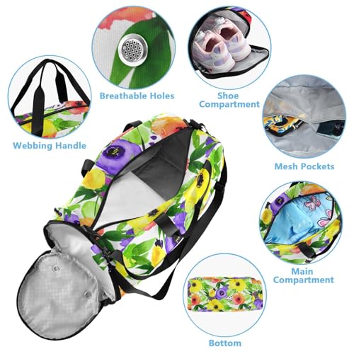 Leaves Flower Green Kids Travel Duffel Bag for Boys Girls Overnight Weekend Tote Bag with Shoes Compartment for Gym Sports Dance4