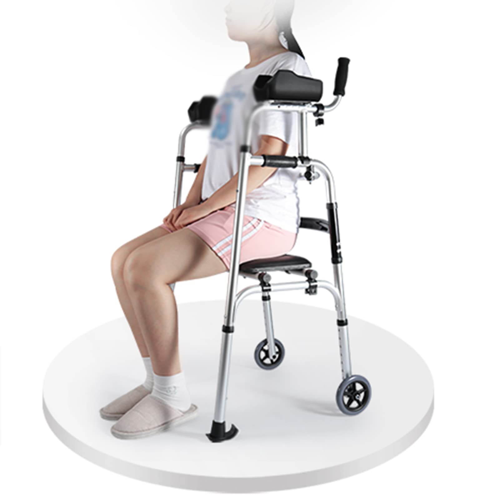 Soporte de marco para caminar para adultos, soporte vertical para antebrazo con ruedas y soporte de reposabrazos desmontable, aleación de aluminio para ancianos y discapacitados