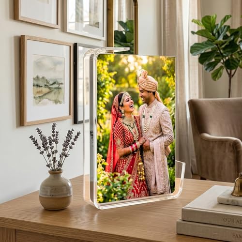 Image of Personalized Acrylic Photo Frame with Curved Stand - 5mm Museum-Grade Transparent Liquid Glass Acrylic - Custom 3D Floating Picture Frame for Wedding, Anniversary, and Luxury Home Decor