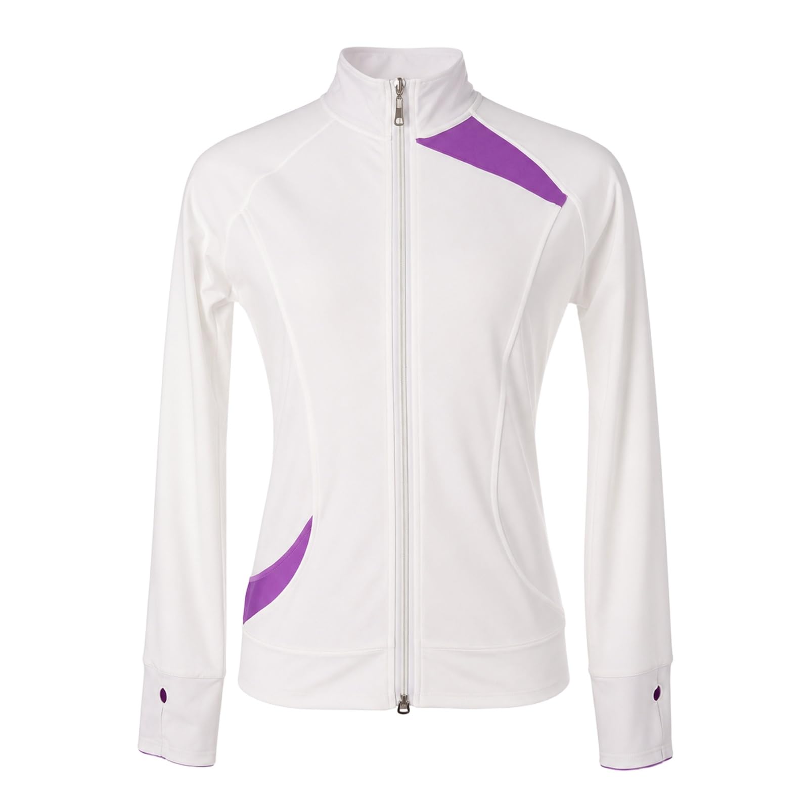 Damen Teen Eiskunstlauf Jacke Zip Warmup Training Eisbahn | Taillierte Jacke mit Stehkragen, Daumenlöchern und geschwungenen Einsätzen fürs Training
