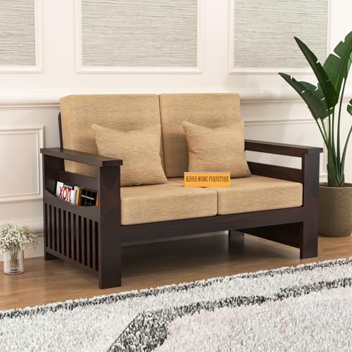 Image of Sheesham Wooden 2 Seater Sofa for Living Room | Rosewood 2 Seater Cushion Sofa Side Half Moon Rack | Solid Wood Sofa Set for Lounge (2 Seater,Walnut)