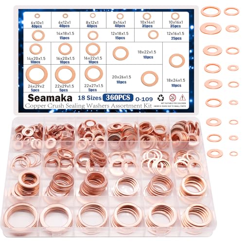 Seamaka 360PCS Crush Washer Oil Drain Plug,18 Sizes Copper Crush Washers Assortment Kit,Automotive Oil Pan Drain Plug Gasket M6 M8 M10 M12 M14 M16 M18 M20 M22 M24