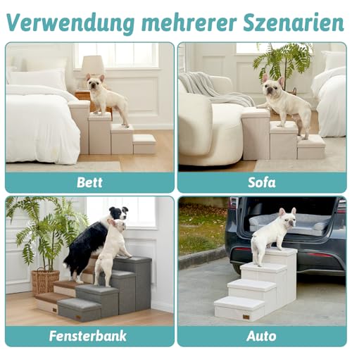 COZY KISS Hundetreppe für Kleine Hunde mit Stauraum, Breite Haustiertreppe Faltbare für Bett und Couch, Hunderampe mit Rutschfestem Boden, Lecksichere (Beige, 43x97x56cm, 4)