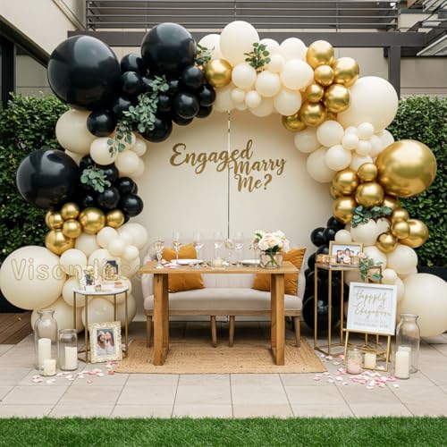 Black White and Gold Balloon Arch Kit – Double Stuffed Balloons in Black, Ivory with Metallic Gold – 5”/12”/18” Balloons for Graduation, Birthday, Retirement, New Year, Balloon Garland Decorations