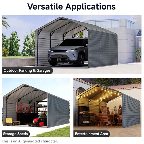 Image of 10x15FT Heavy Duty Metal Carport,Outdoor Garage with Metal Side Panels, Enclosed Car Ports with Heavy Duty Steel Frame and Galvanized Roof for Cars and Boats, Equipment Storage,Tools, Gray