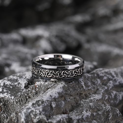 NUNCAD Personalized 925 Sterling Silver Inlay Tungsten Triquetra Celtic Knot Mens Rings 8mm Celtic Trinity Knot Wedding Band Irish Jewelry Gift Comfort Fit Size 7-123