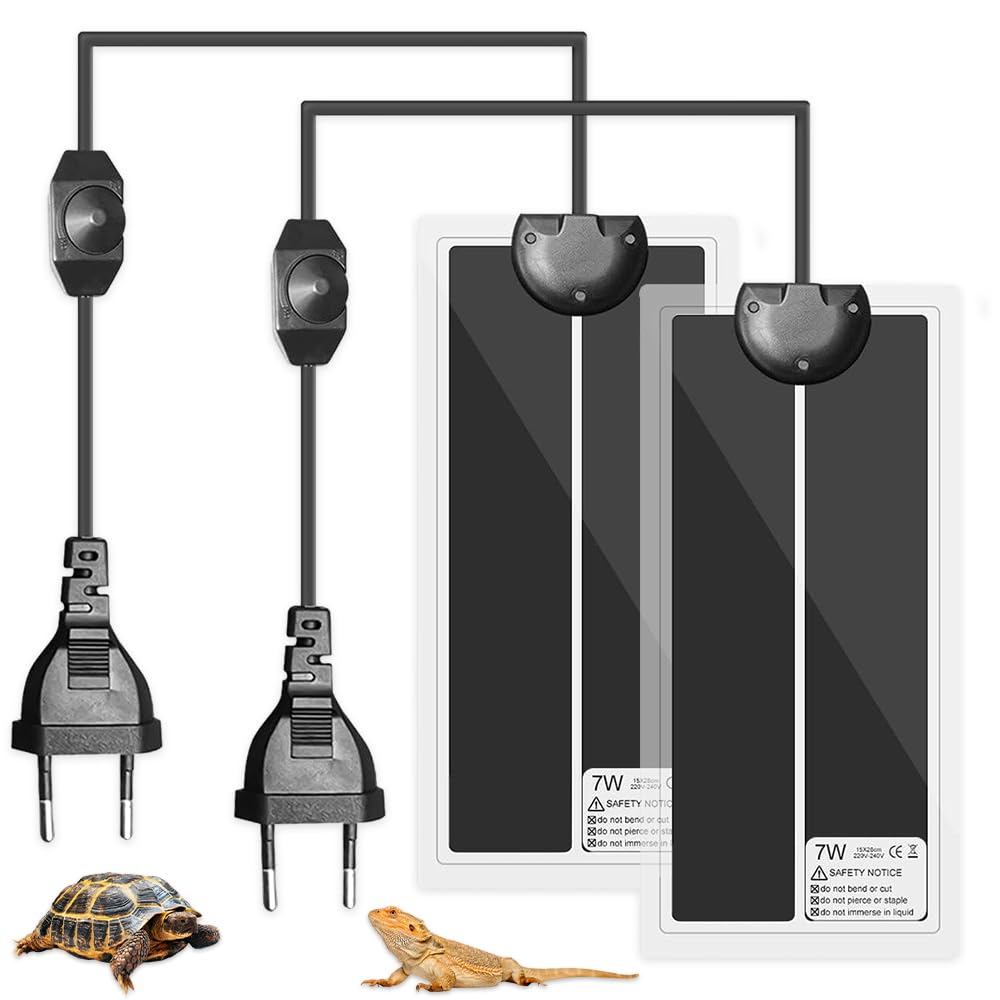 2PCS Tapis Chauffant Reptile, 7W Tapis Température Adjustable Chauffage Chauffant Tapis Chauffant Terrarium pour Reptiles, Tortue, Serpents, Lézard, Gecko, Araignée, 28x15CM