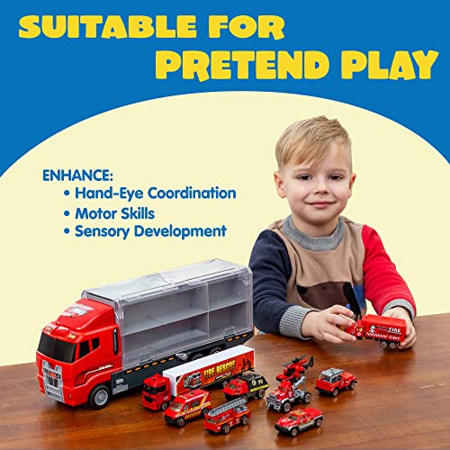 Joyin 19 In 1 Die-Cast Fire Toy Truck With Little Figures, Mini Emergency Fire Vehicles In Big Carrier Truck, Patrol Rescue Helicopter For Boys 3-9 Years Old, Kids Value Birthday Xmas Easter Gifts #TOP6