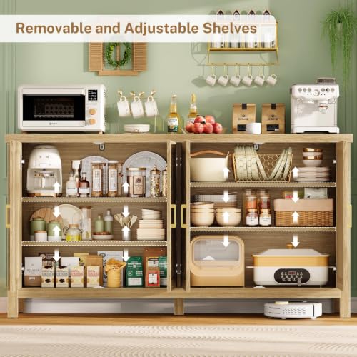 Image of TEENFON 63 inch Buffet Cabinet with Storage, Fluted Sideboard Cabinet with 4 Adjustable Shelves, Modern Coffee Bar with 4 Doors, Coffee Bar Cabinet for Kitchen, Living Room, Natural