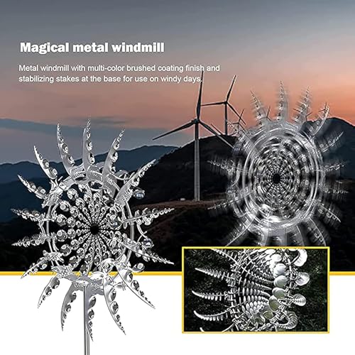 Einzigartige und magische Metall-Windmühle, 3D-Edelstahl-Windspiel, windbetriebene kinetische Skulptur mit Metall-Gartenstecker für Hof, Gartendekoration