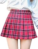 Jenkoon Womens Girls Pleated Dennis Skirt High Waist A-Line School Uniform Skater Skirt (Red, Large)