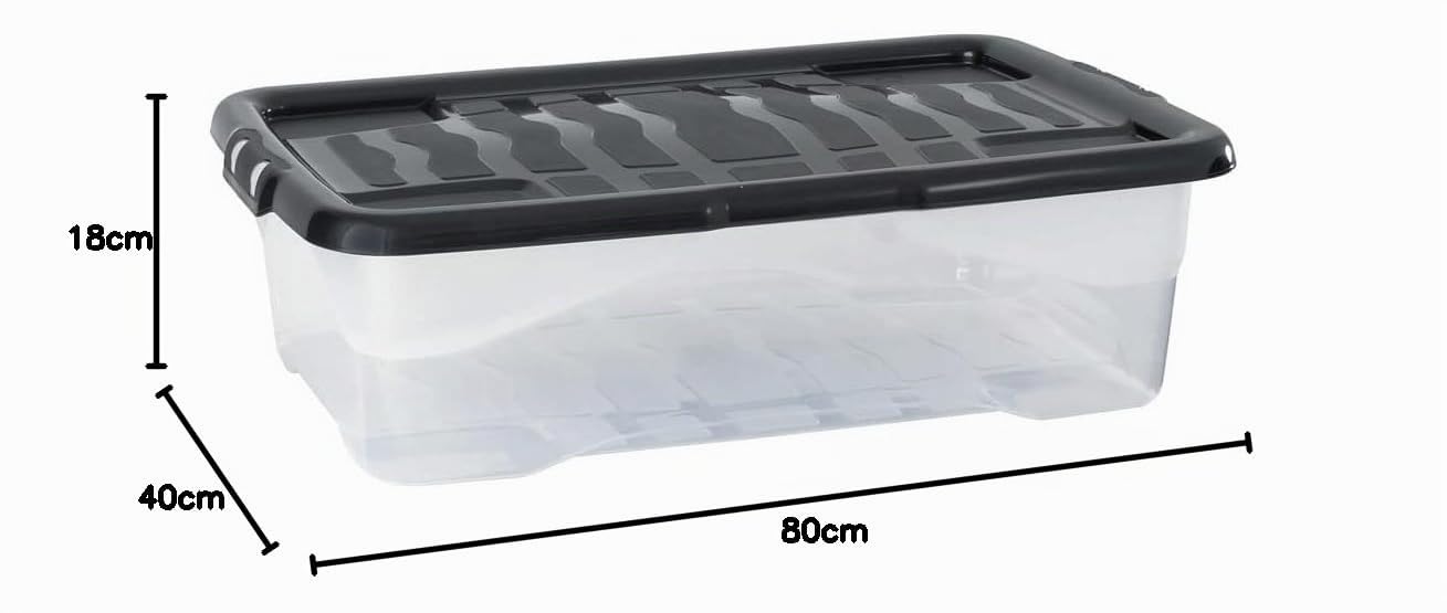 6 Stück - Strata Curve Unterbettbox mit schwarz Deckel, 42 Liter, 80x40x18cm - transparent