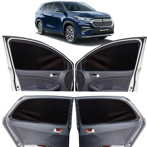 Image of OTO2EYE Car Sun Shade Compatible for Maruti Suzuki Invicto Model 2023 to 2024, Z-Black Super Magnetic Grip, Front Window Zipper, Side Window Curtains, 6 Pieces Set