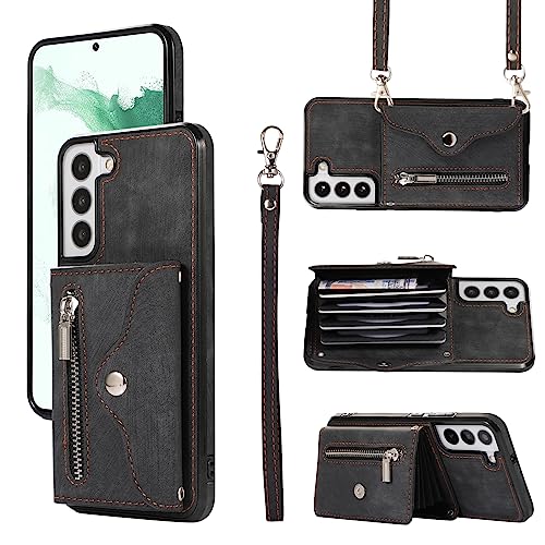 Cover per Samsung Galaxy S22 5G con Cordino Laccio Portafoglio Pelle Porta Carte Supporto Protettivo Protezione TPU Silicone Rinforzata Antiscivolo S 22 4G S225G Custodia Case Femmina Nero