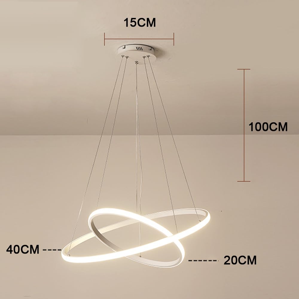 Lampada a Sospensione a LED, 2 Anelli Sospesi Lampadario Cerchi dal Design Moderno, per Soggiorno Sala da Cucina Stanza degli Ospiti (Bianco)