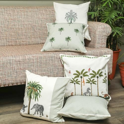 Image of Jungle Theme Cushion Covers Set of 5 | Tropical Green Leaf Printed Decorative Throw Pillow Covers for Sofa Couch Bed Living Room Balcony | Hidden Zipper Cushion Covers | 16 x 16 Inch