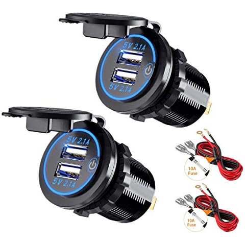 Thlevel Dual USB Charger Socket, Dual 5V/4.2A USB Car Charger Power Outlet with switch for 12V/24V Car, Boats and Marine, Motorcycle, Truck, SUV, UTV (2x USB Socket Blue) Cover