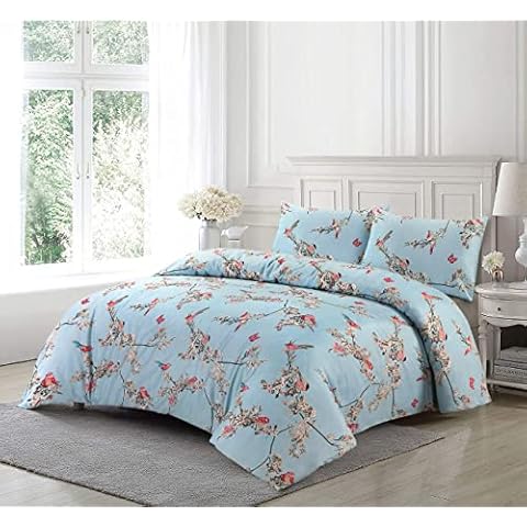 100% Pure Cotton Floral Reversible Quilt Duvet Cover With Pillowcase, Printed Soft & Cosy Easy Care Bedding Set, Beautiful Birds, King Cover