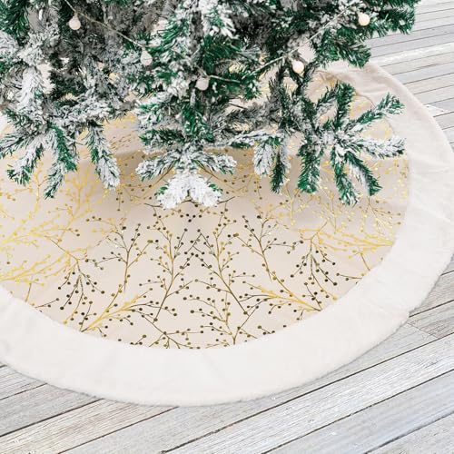 White-Gold Christmas Tree Skirt, White Faux Fur Plush Trim, Embellished with Golden Branches Pattern, Big Thick Velvet Xmas Tree Mat for Home Decoration, Gold Santa Skirt for Trees