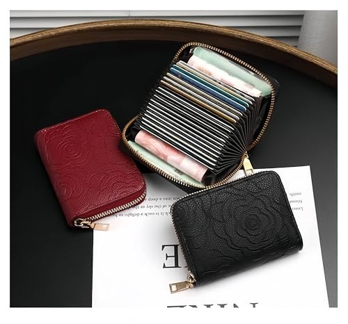 Stylish Floral Wallet for Women - Slim RFID Blocking Card Holder with Double Zip, Lightweight PU Leather (Black/Burgundy) (Burgundy)3