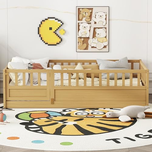 Twin Floor Bed with Slats and High Fence, Twin Size Montessori Floor Beds with Door, No Box Spring Needed, Easy Assemble Montessori Bed Frame(Natural Twin) - Image 4