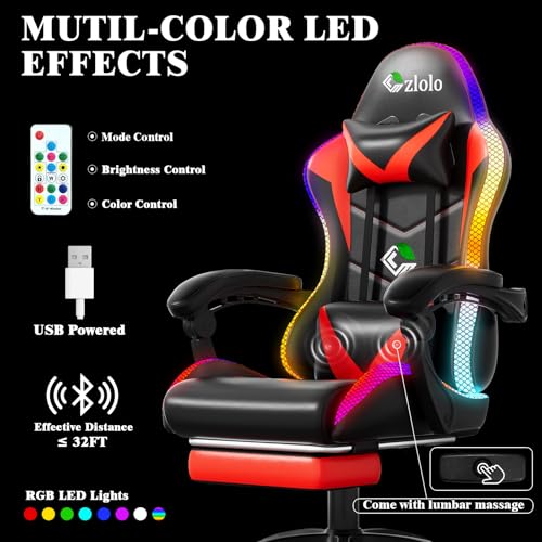 Image of Czlolo Gaming Chair, Racing Style RGB LED Lights Gaming Chairs for Adults and Kids, Lumbar Massager Gamer Chair, High Back Reclining Computer Chair with Footrest and Headrest (Black /Red)