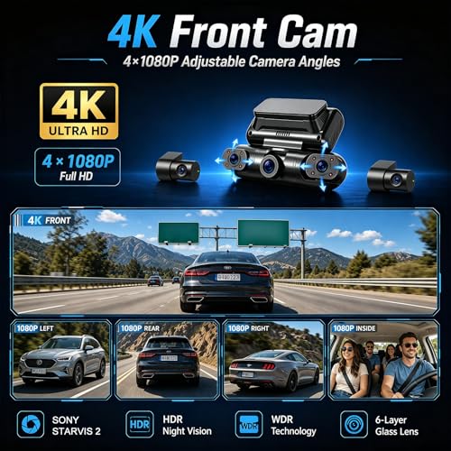 Image of PRUVEEO 5 Channel Dash Cam Front and Rear Inside Left Right, 4K 360 Dash Camera for Cars, Built-in GPS WiFi Night Vision, 24 /7 Recording Parking Mode Monitor, 128G Card Included