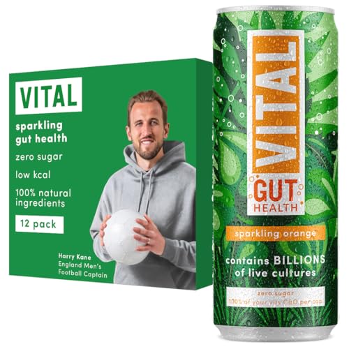 VITAL Gut Health Drink, Contains Billions of Live Cultures, Contains 100% of Vitamins C and D, Sugar Free, Zero Calories, Orange Flavoured Sparkling Water, Contains 12 x 330ml cans