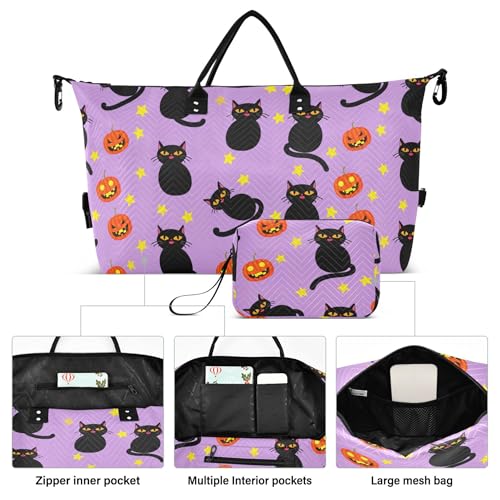 Burbuja Travel Duffel Bag for Women, Pumpkins Black Cats Weekender Overnight Bag Shoulder Carry On Tote with Trolley Sleeve, Gym & Toiletry, Large Size2
