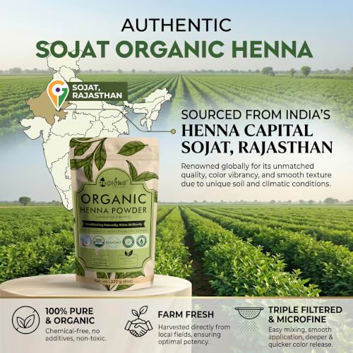 Image of ReGrows 100% Certified ORGANIC HENNA powder | Dermatologically and Clinically Lab Tested Henna Powder | USDA ONECERT Certified | GI Tagged Henna directly from farm Hair Color and Hair Care for Men and Women | Henna with Brush, Gloves, Shower cap | Mehndi powder | (227gm)