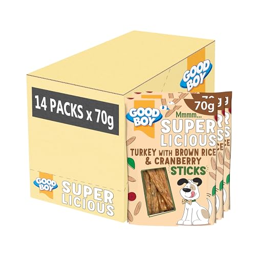 Good Boy Superlicious Turkey, Brown Rice & Cranberry Sticks - Natural Dog Treats - Low Fat Training Treats - Bulk Box - 14 x 70g