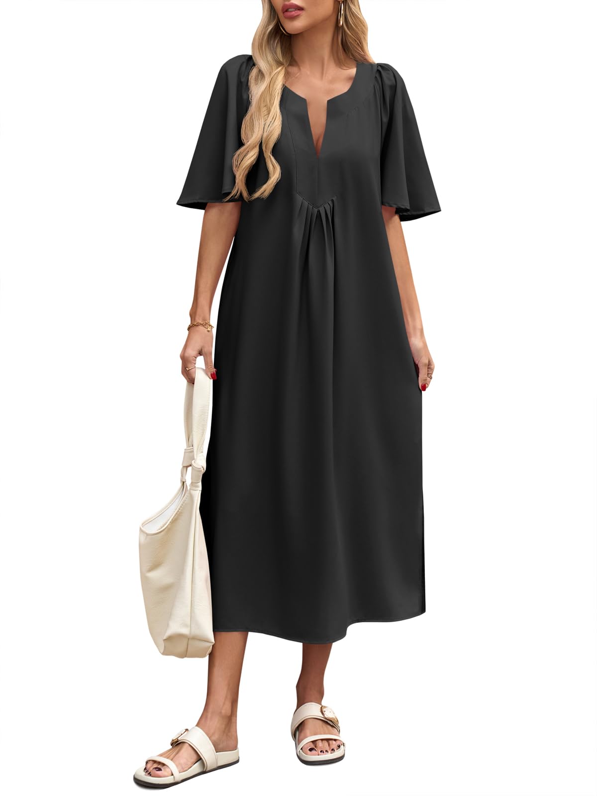 Wenrine Womens Casual Maxi Dress Short Sleeve Loose Flowy Summer Dresses