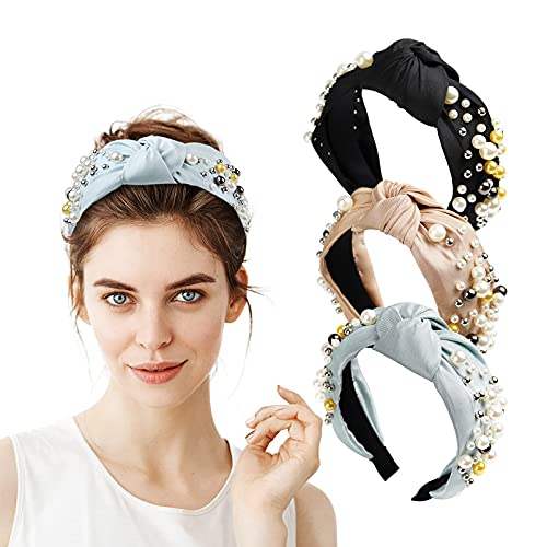 pearl headband Wide Knotted women headbands Cute Hairbands for Girls cloth headbands fashion headbands gifts for women under 15 dollars (Beige Blue Black)