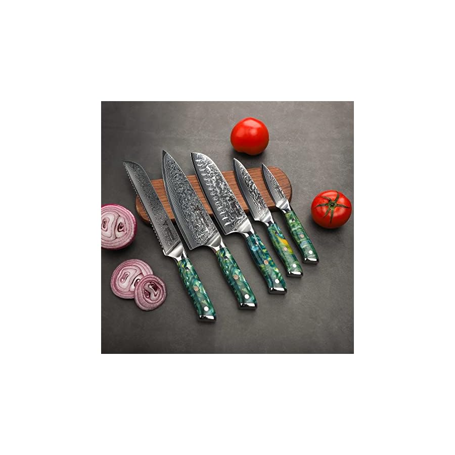 SANMUZUO-Chef-Cooking-Knives-Set-Kitchen-Knife-Set-of-5-Piece-Ultra-Sharp-VG10-Damascus-Steel-Resin-Handle-Xuan-Series-Jade-Green SANMUZUO Chef Cooking Knives Set- Kitchen Knife Set of 5 Piece - Ultra-Sharp VG10 Damascus Steel & Resin Handle - Xuan Series (Jade Green)