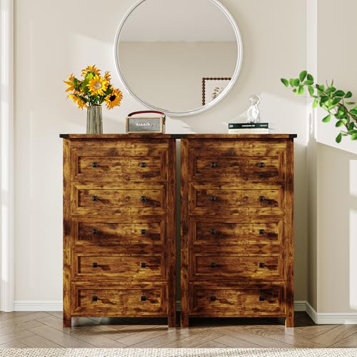 Image of Wodeer Brown Dresser Tall 5 Drawer Dresser for Bedroom, Wooden Dressers & Chests of Drawers with Metal Handles, Modern Storage Cabinet and Organizer Drawers for Bedroom, Hallway, Entryway