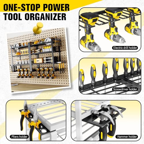 Image of Hipidian Power Tool Organizer Wall Mount - Storage Rack with 4 Drill Holders for Drills Cordless Tools. Heavy Duty Iron Garage Tool Organizer Storage for Workshop Shed (4 Slots 4 Layers 2 Pcs)