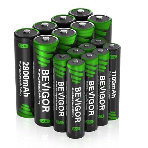 BEVIGOR AA und AAA Akku Set - 16 Stück 1.2V NI-MH wiederaufladbare Batterien AA AAA Akkupack, hohe Kapazität 8 x AA und 8 x AAA NI-MH Akkupacks, vorgeladen