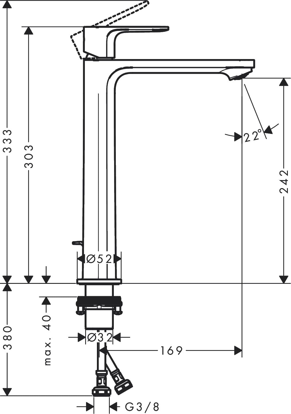 hansgrohe Rebris E - Rubinetto per lavabo con scarico a tirante, risparmio energetico (CoolStart), Miscelatore lavabo risparmio idrico (EcoSmart) con altezza bocca 242 mm, cromo, 72581000