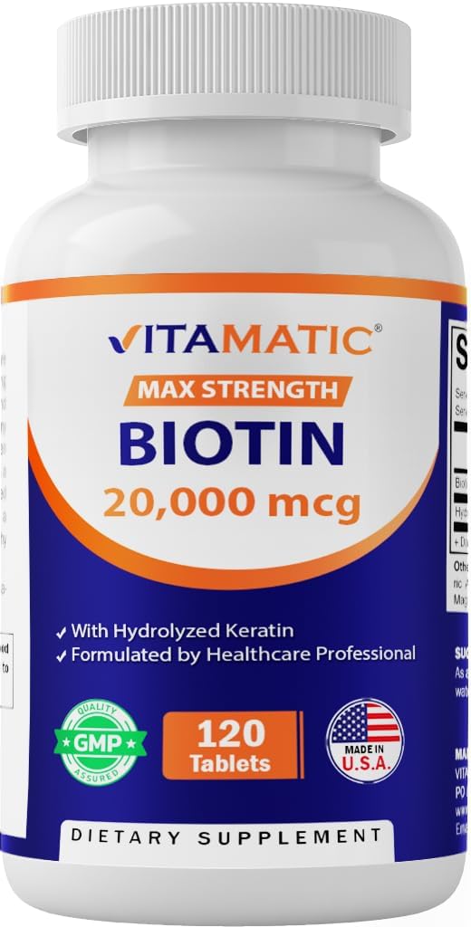 Vitamatic High Potency Biotin 20000 mcg (20mg) with Keratin 100mg - 120 Vegetarian Tablets - Biotin Supplements for Healthy Hair Skin & Nails for Adults