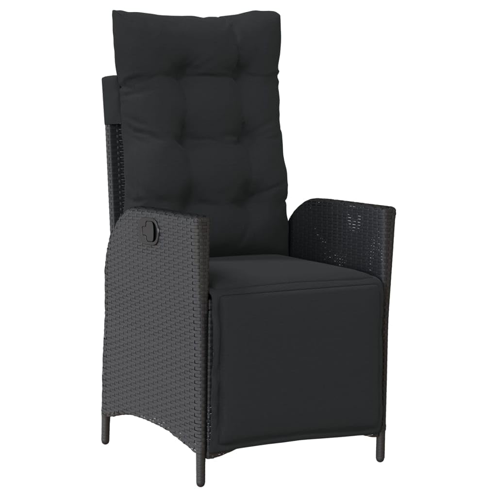 7-częściowy zestaw mebli ogrodowych z czarnego polirattanu, regulowany fotel relaksacyjny z poduszkami, stół z drewna akacjowego 190 x 90 cm, odporny na promieniowanie UV, na taras, balkon