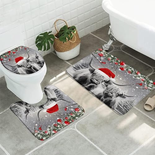 3pcs Christmas Highland Cow Bathroom Sets with Non-Slip Rug,Toilet Lid Cover and Bath Mat,Grey Winter Forest Animal Red Birds Pine Fir Tree Xmas Balls Snow Scenery Bathroom Carpet Bath Mat Toilet Rugs