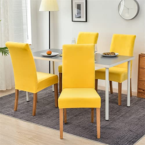 Jusmate Velvet Chair Covers For Dining Room, Soft Velvet Plush Stretch Dining Chair Slipcovers, Washable Removable Parsons Chair Protectors Set Of 4, Yellow #TOP1