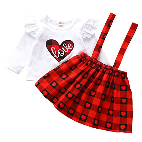 Mulmagni 3m-3Y Conjunto de saia xadrez de manga comprida com estampa de amor, Vermelho, 110