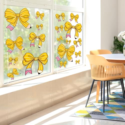 Image of Whaline 9 Sheets Pencil Coquette Bow Window Clings Back to School Pencil Bowknot Reusable Window Decals for First Day of School Home Nursery Classroom Decor